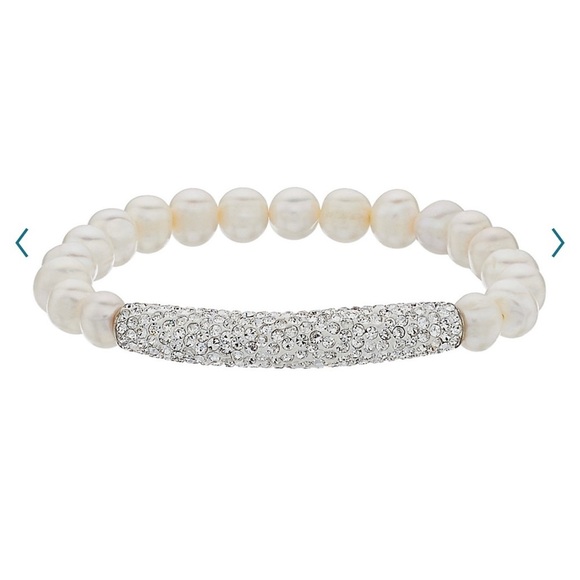 NWT Aleure Precioso Cultured Freshwater Pearl & Crystal Bar Stretch Bracelet NIB - Picture 1 of 6